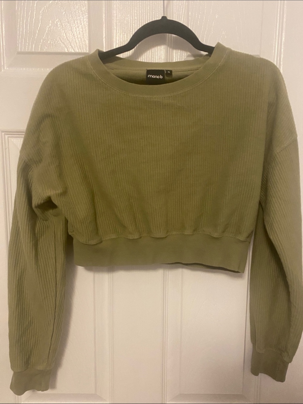 Mono B Olive Ribbed Cropped Long-Sleeve Top
